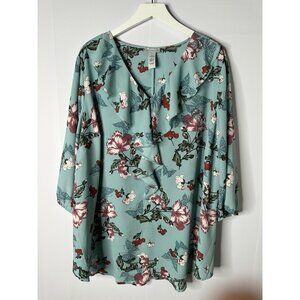 Catherines Womens 2X Blue Floral Butterfly Ruffle Top Romantic Flowy Cottagecore